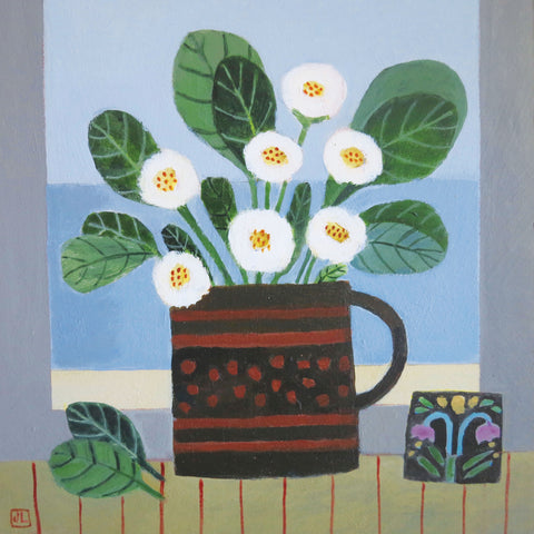 Daisies on the Windowsill by Jill Leman, Fine Art Greeting Card, Acrylic on Board, Daisies in brown cup