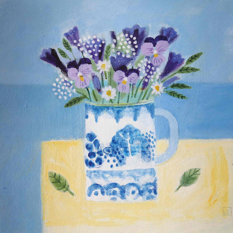 Fine Art Greeting Card by Jill Leman, Summer Flowers, Acrylic on board, Flowers in cup on table
