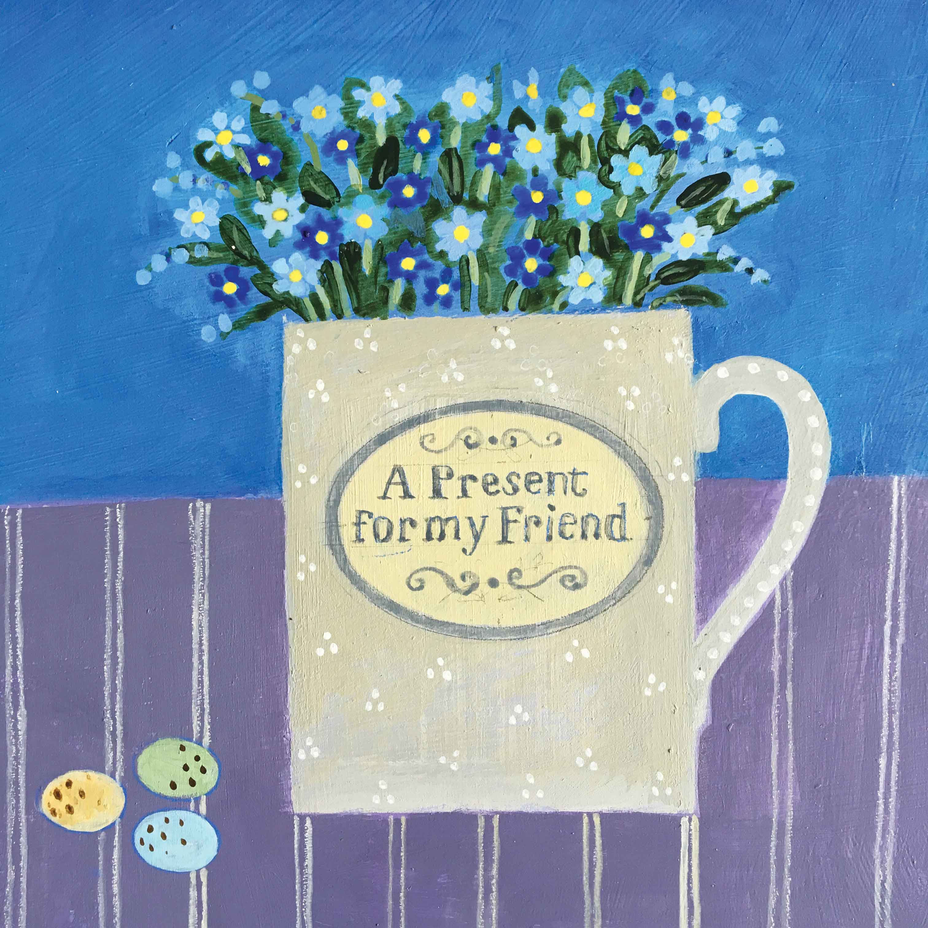 Art Greeting Card by Jill Leman, Acrylic painting, Forget-me-nots in a cup