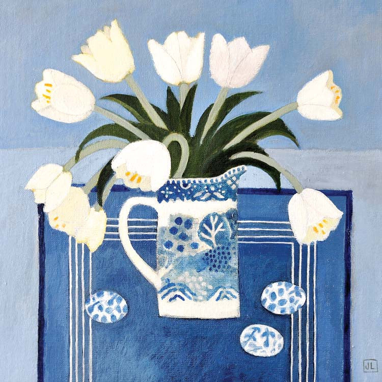 Fine Art Greeting Card, Acrylic on Board, White tulips in blue and white vase