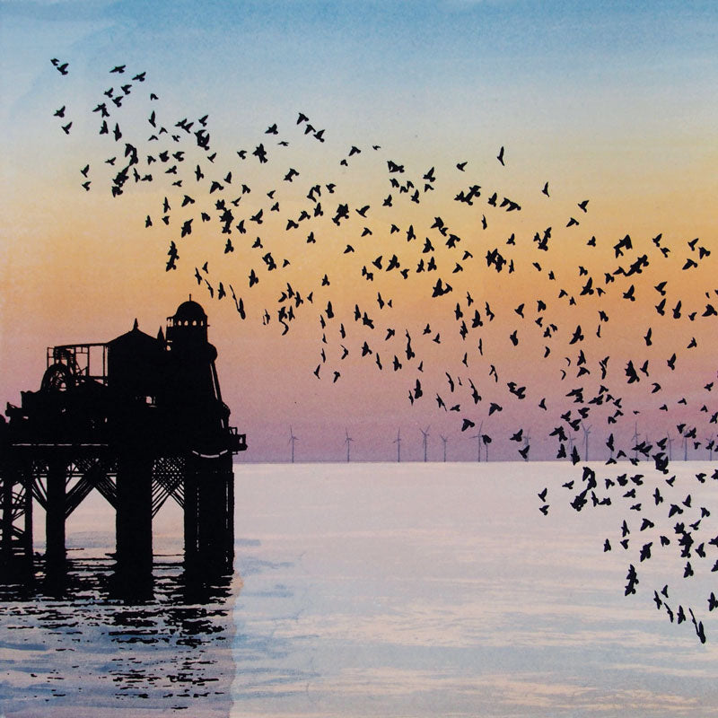Art greeting card, Brighton pier with starling murmeration.