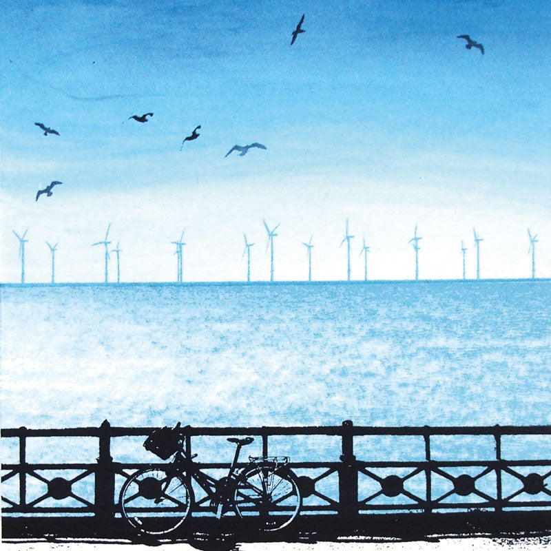 Art greeting card, screenprint of Brighton beach with the wind farm and birds in the distance and a bike in the foreground.