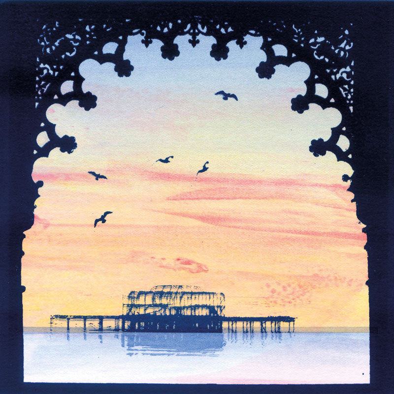 Art greeting card, screenprint. Brighton seafront, view through an arch of the West Pier in the sunset with birds.