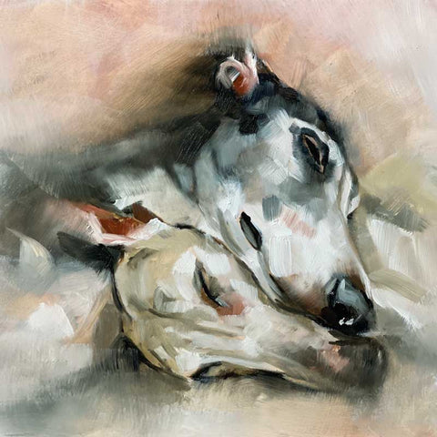 Art Greeting Card by Julie Brunn, Oil painting of two whippets asleep together