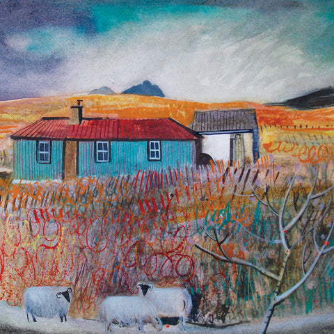 Into the Wild by Jenny Wheatley, Fine Art Greeting Card, Watercolour, Landscape with blue house and sheep 