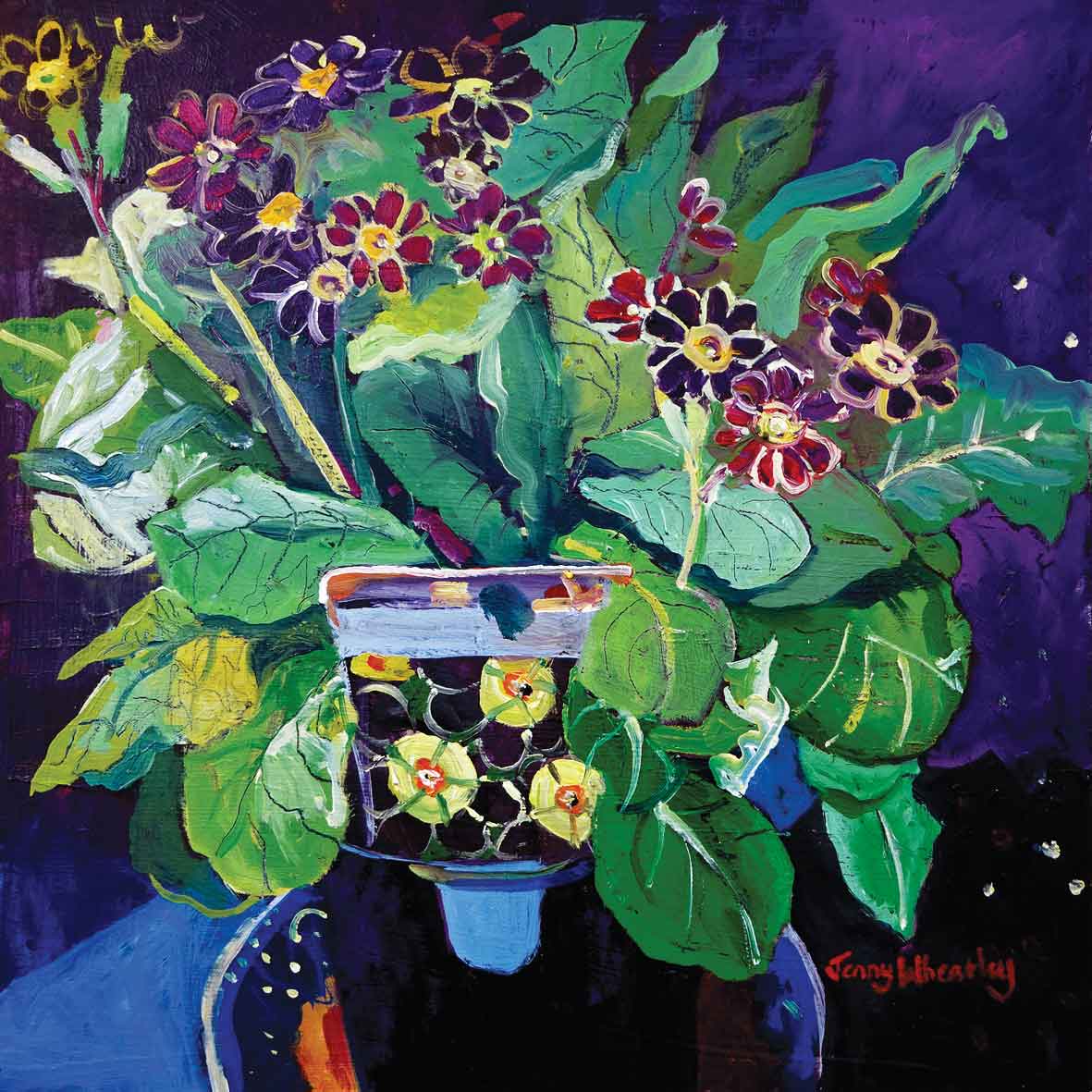 Art greeting card by Jenny Wheatley, Primula, oil painting of primula 