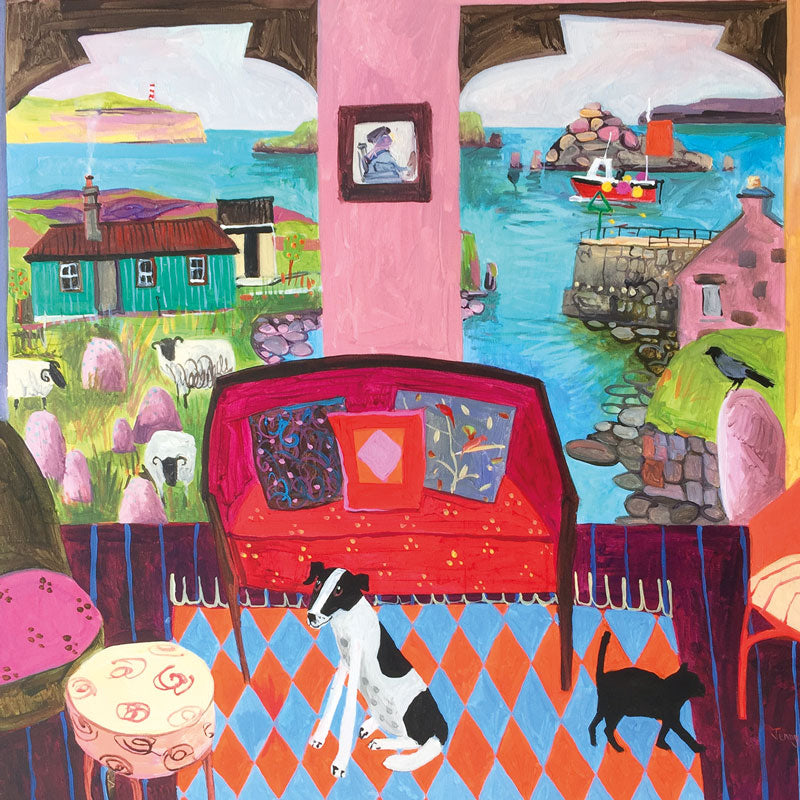 Black and white dog and a black cat in a colourful room with sea view out of the window. Sheep, boats and birds outside.
