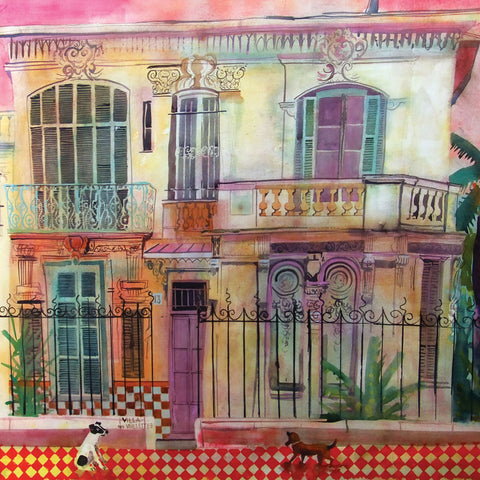 Villa des Violettes by Jenny Wheatley, Fine Art Greeting Card, RWS range, Two small dogs in front of a villa