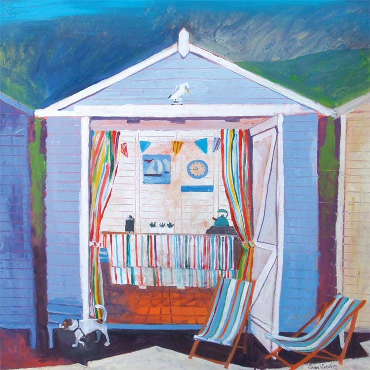 Fine Art Greeting Card, Acrylic on Canvas, Blue beach hut with deck chairs