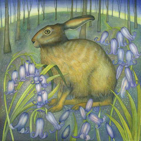 The Bluebell Hare by Kate Green, Art Greeting Card, Mixed Media, Hare and bluebells