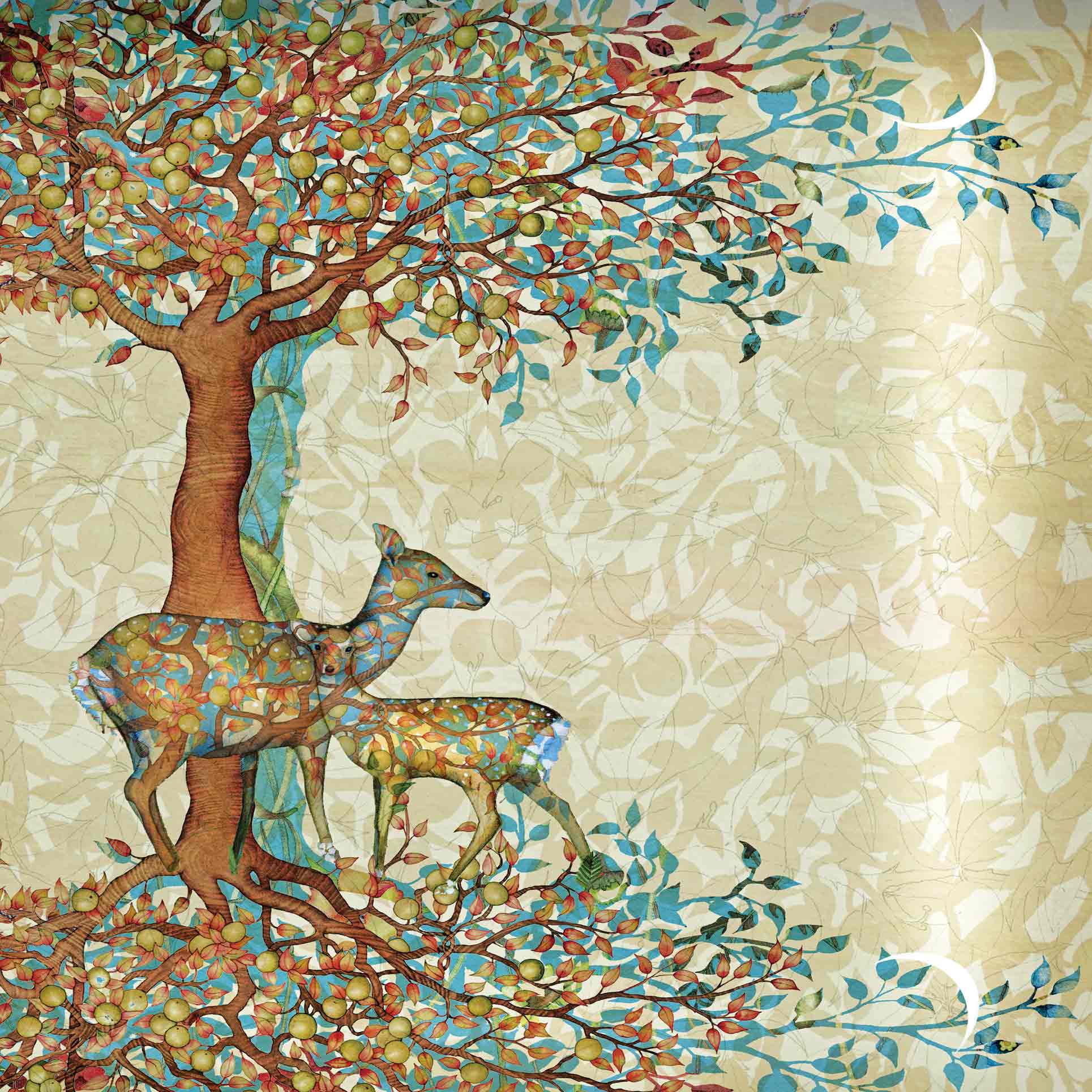 Art Greeting Card by Kate Green, Deer and Fawn, Digital Collage, Deer and fawn under a tree