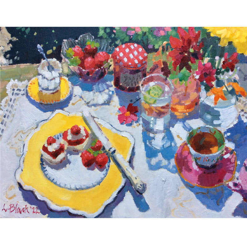 Art greeting card, painting of a cream tea on a garden table.
