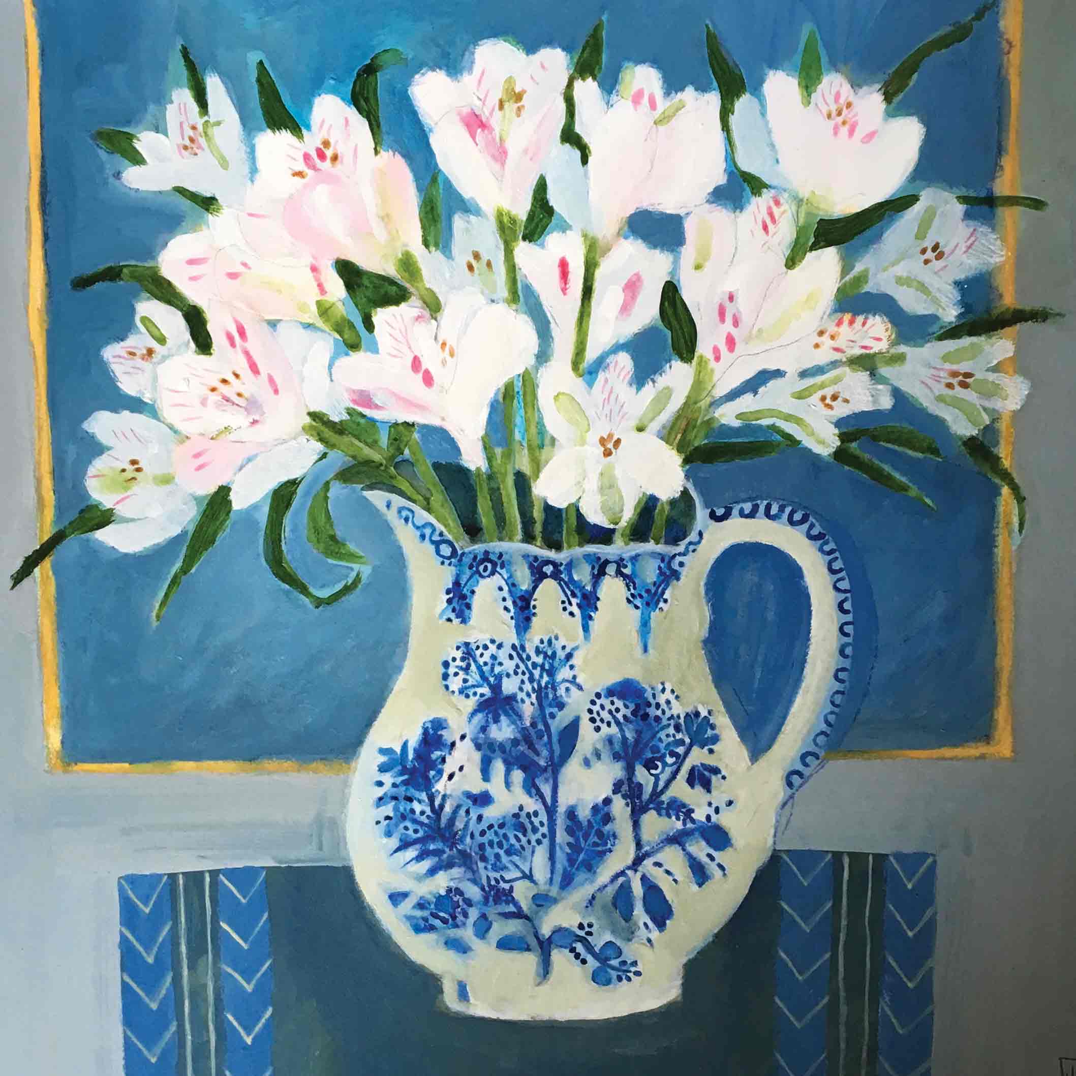 Art Greeting Card by Jill Leman, Peruvian Lillies, Acrylic on board, Lillies in vase on table