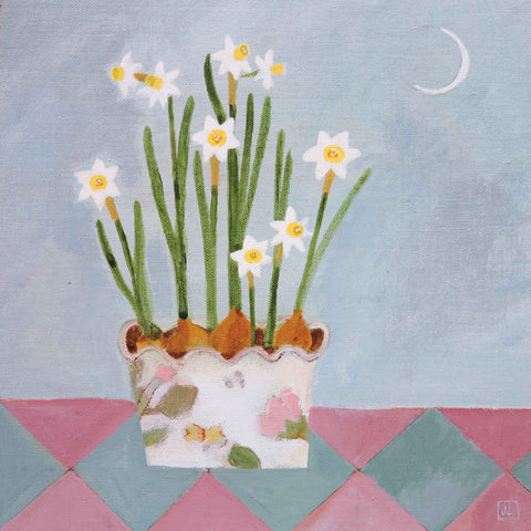Art greeting card by Jill Leman, acrylic, daffodils in pot on table