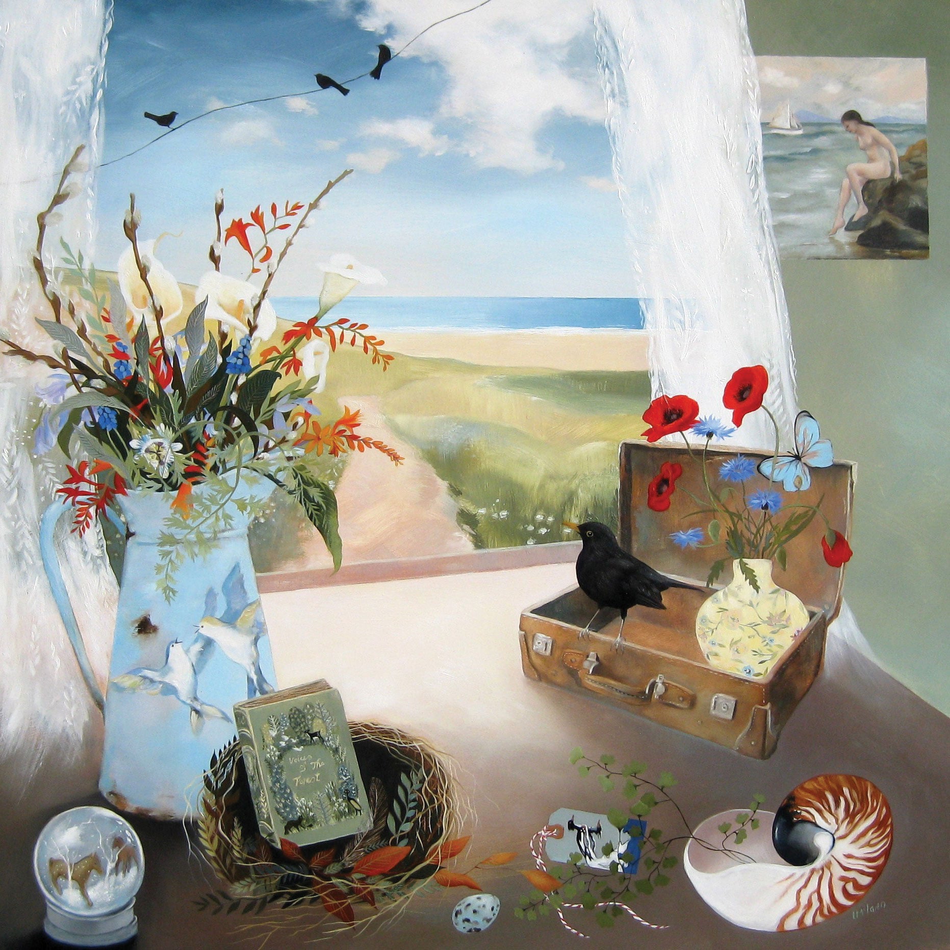 First Day of Summer by Lesley McLaren, Fine Art Greeting Card, Oil on Gesso Panel, Window scene with flower vases, birds, nests, shells