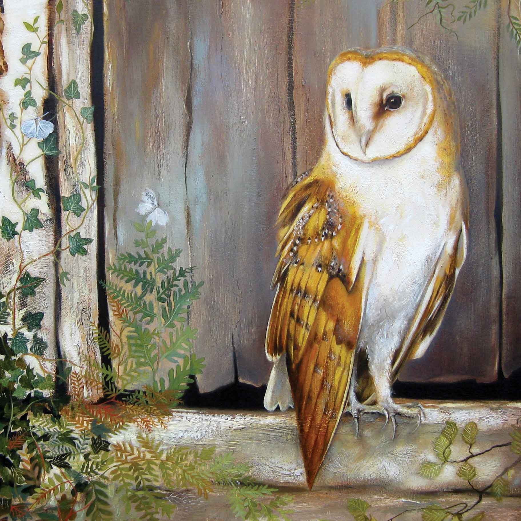 Owl by the Barn Door by Lesley McLaren, Fine Art Greeting Card, Oil, Owl by door