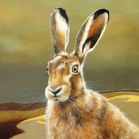 Art Greeting Card by Lesley McLaren, Hare on the Moor, Oil on Gesso panel, Hare 