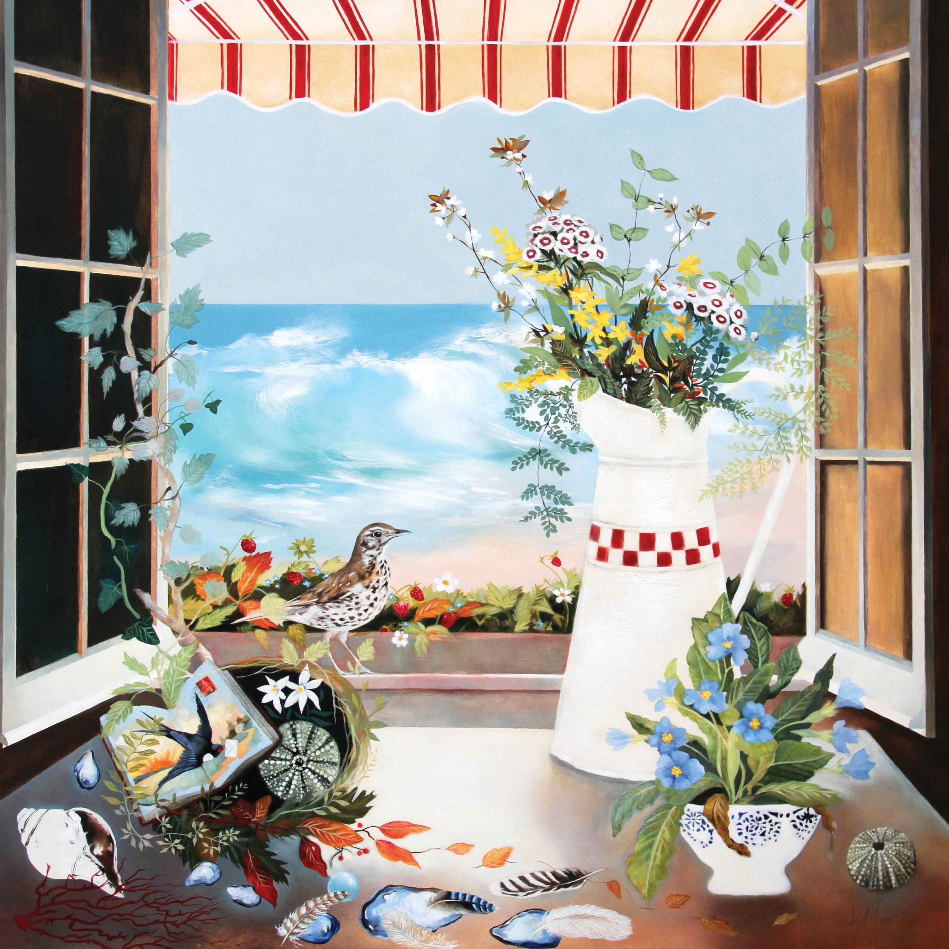 Art greeting card by Lesley McLaren, a window still life with flowers and the sea outside the window