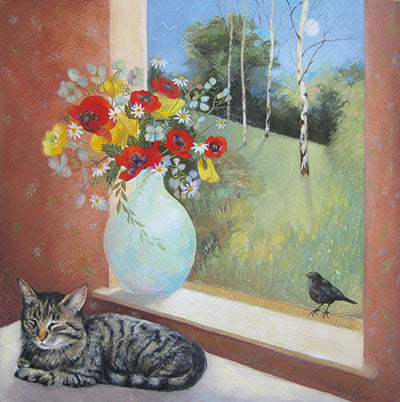 Art Greeting Card by Lesley McLaren, Windowsill in Summer, Oil on Gesso, Cat and flowers by the window