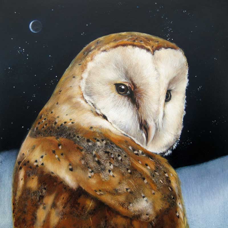 Fine Art Greeting Card by Lesley McLaren, Oil painting of barn owl against winter night sky