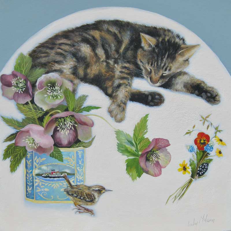 Fine Art Greeting Card by Lesley McLaren, Oil painting of cat with hellebores and a wren