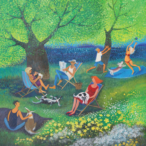 Chilling out by Lisa Graa Jensen, Fine Art Greeting Card, Summer park scene with people and dogs