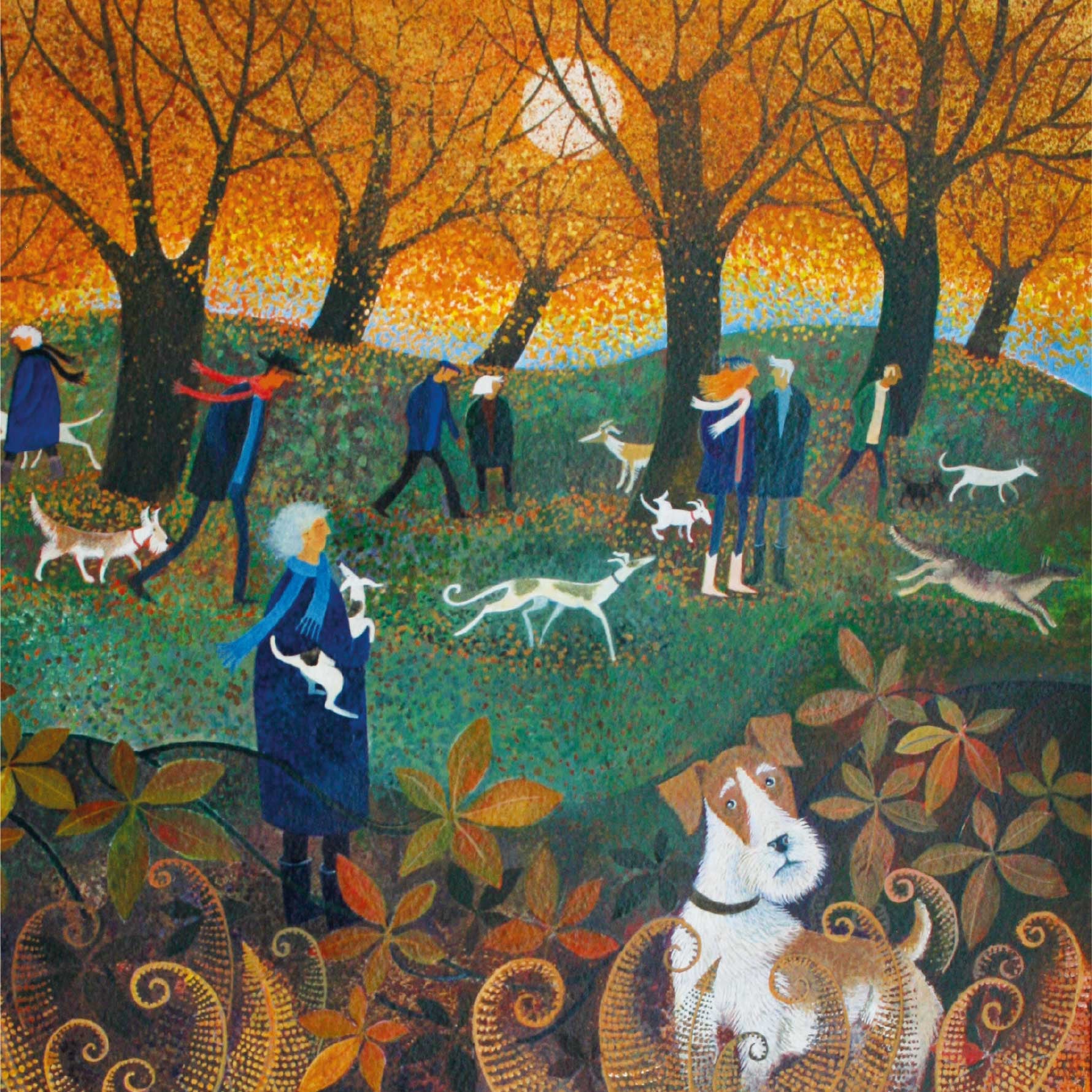 Hide and Seek by Lisa Graa Jensen, Prize winner, Fine Art Greeting Card, People and dogs in Autumn park