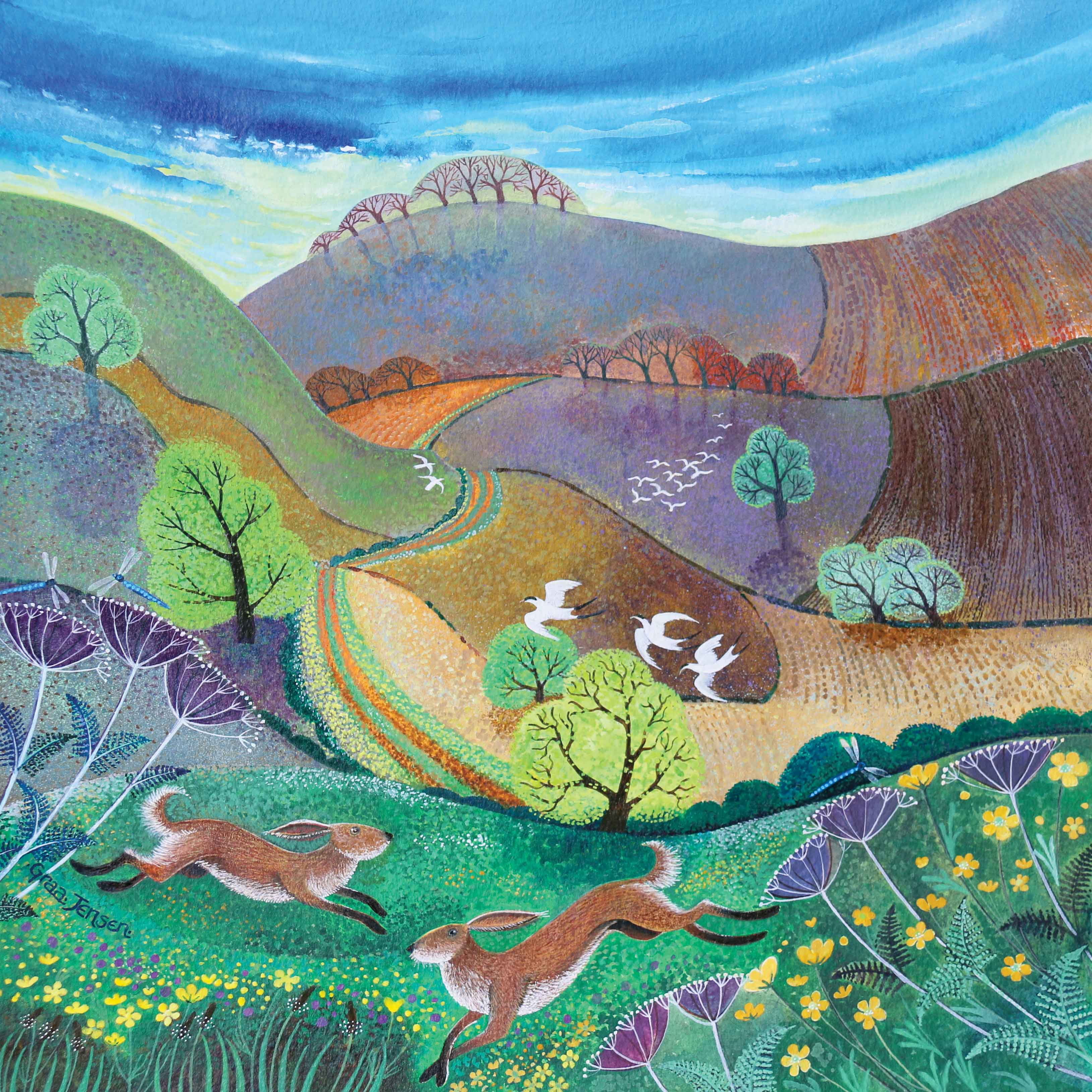 Downland Hares by Lisa Graa Jensen, Fine Art Greeting Card, Acrylic inks, Two hares in field