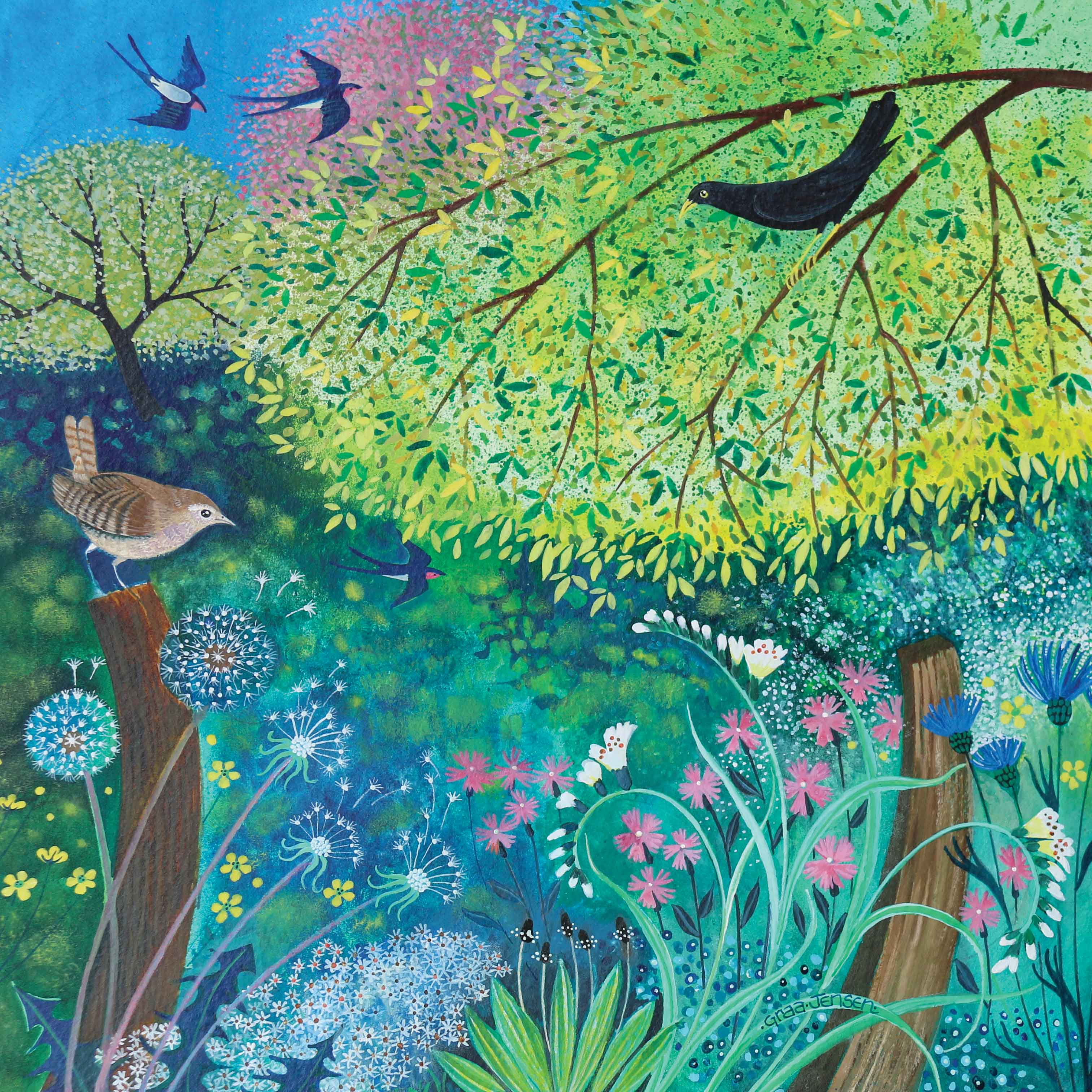 Jenny's Garden by Lisa Graa Jensen, Fine Art Greeting Card, Acrylic Inks, Spring garden with birds and flowers
