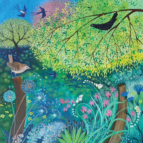Blank art notecard pack by Lisa Graa Jensen, Garden with birds and flowers