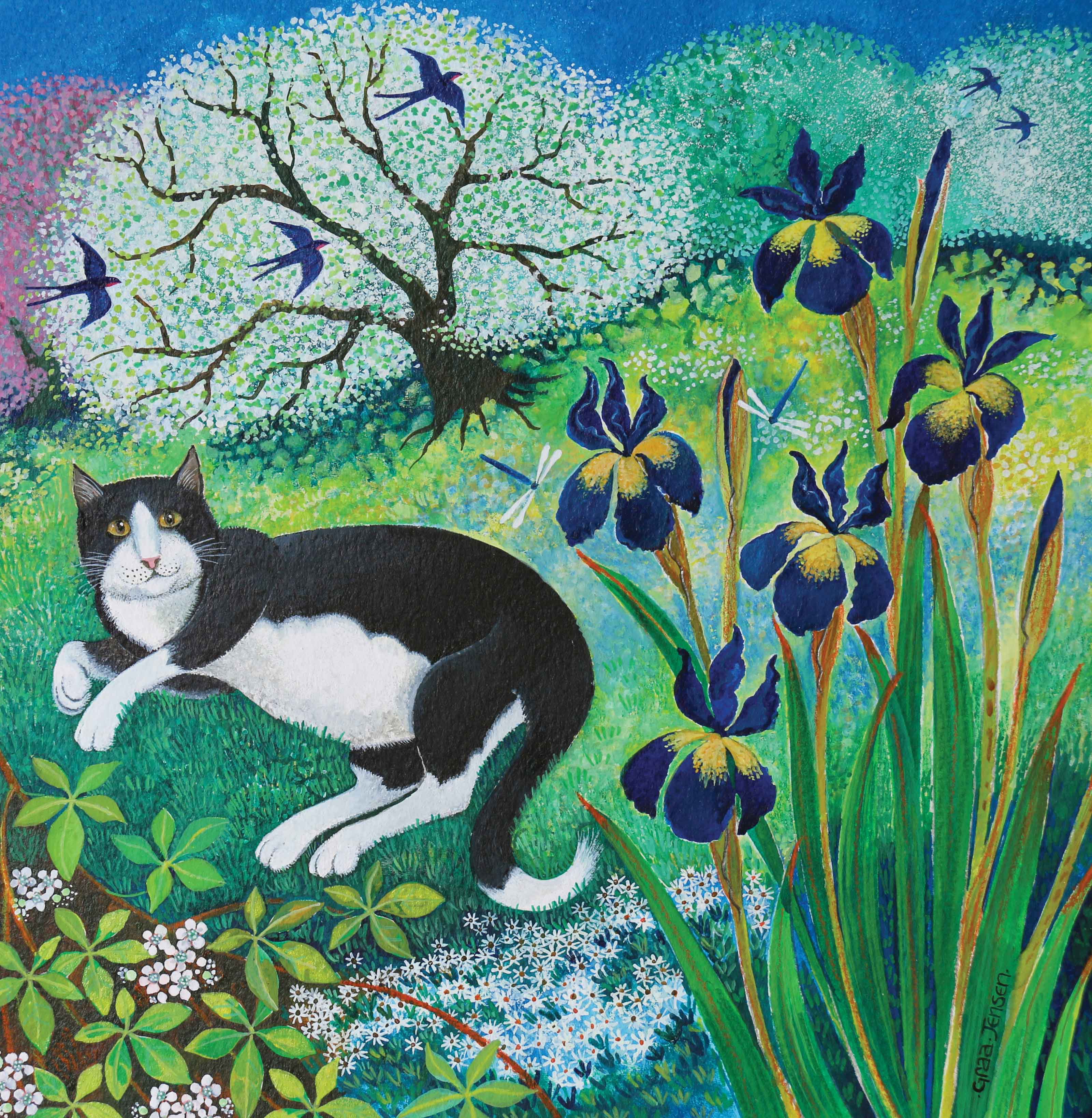 Kit's Garden by Lisa Graa Jensen, Fine Art Greeting Card, Acrylic Inks, Cat in the garden with swallows and irises
