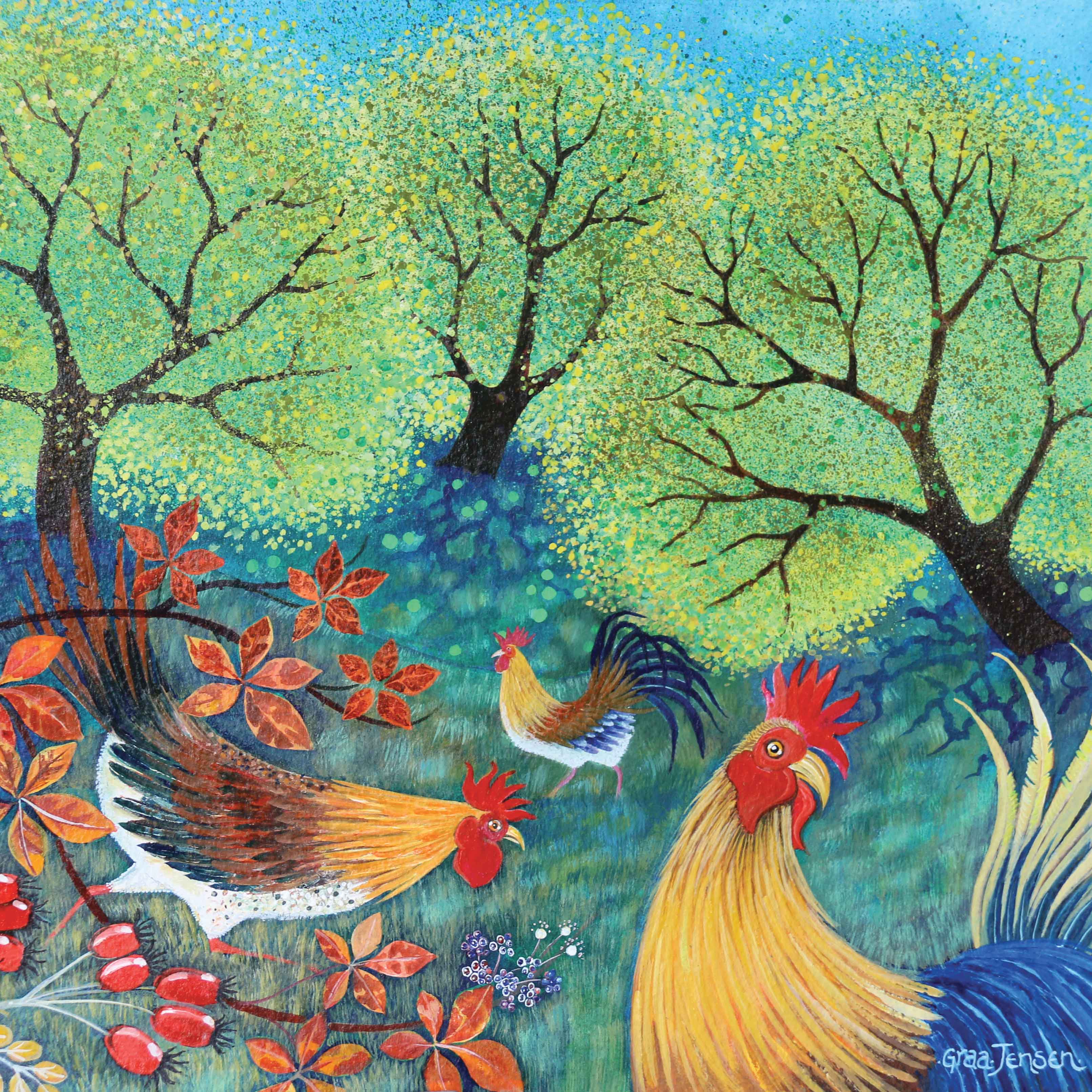 Peeky Hen by Lisa Graa Jensen, Fine Art Greeting Card, Acrylic Inks, Chickens in the garden