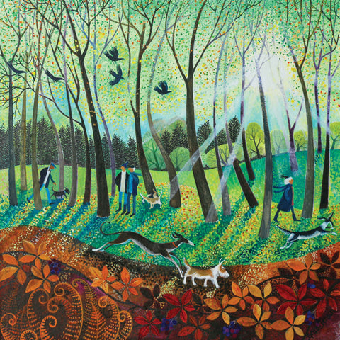 Art greeting card by Lisa Graa Jensen, Morning Rays, acrylic inks, people walking dogs in park with sun rays through trees