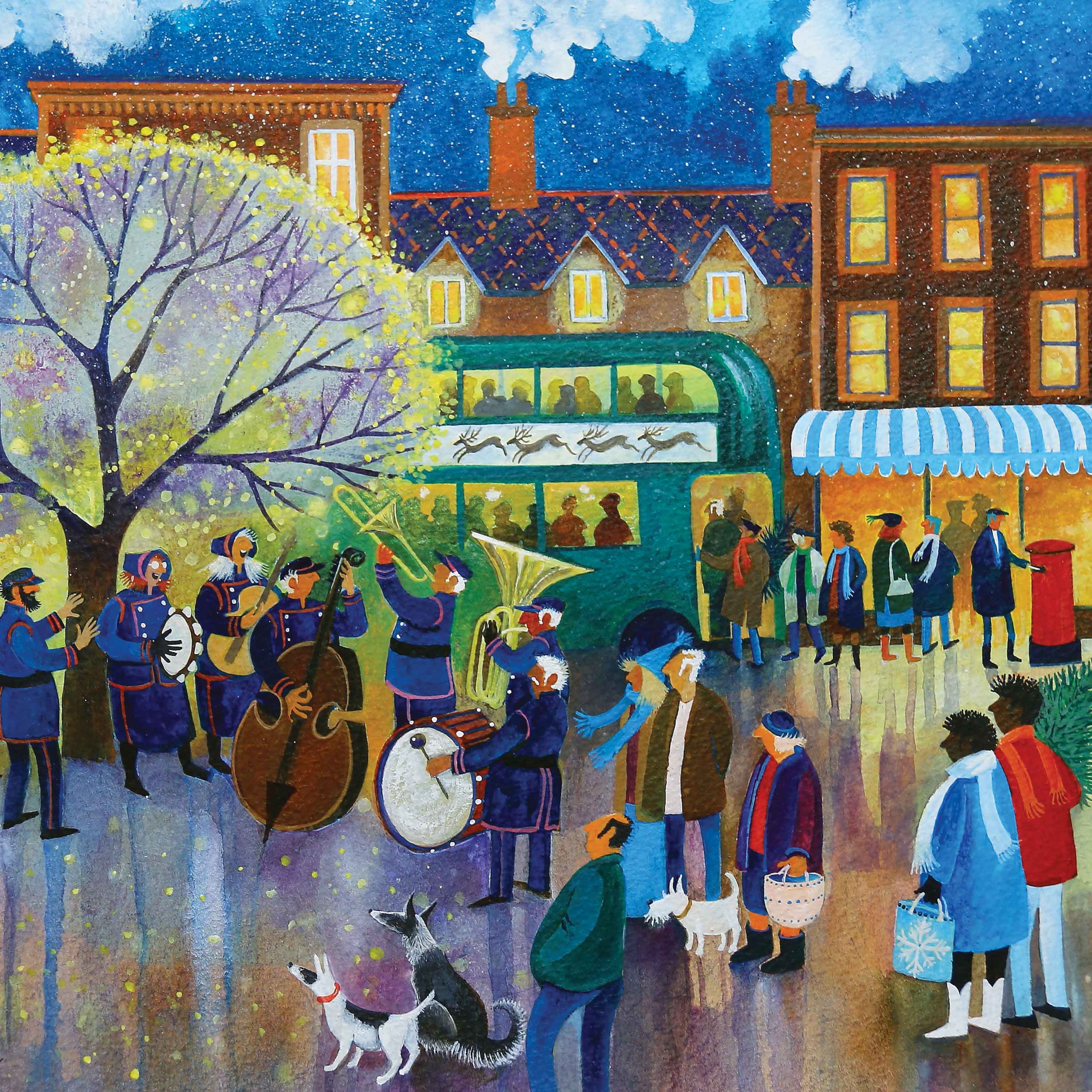 Art greeting card by Lisa Graa Jensen, Glory Be, acrylic inks, town winter and christmas scene with brass band playing and people watching