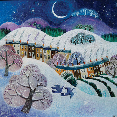 Art greeting card by Lisa Graa Jensen, Snowfall, acrylic inks, winter landscape with moon, trees, houses, two pigeons flying