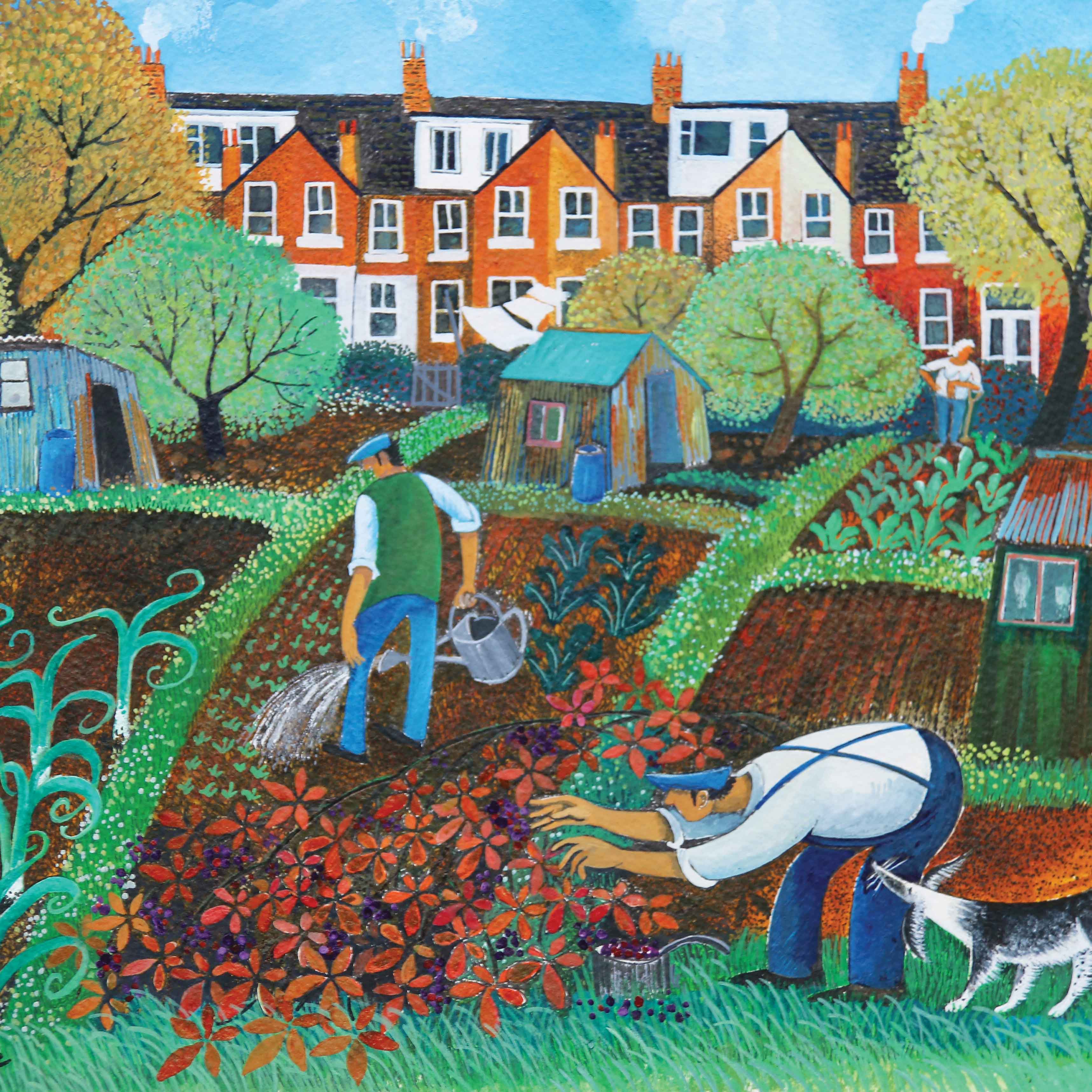 Art greeting card by Lisa Graa Jensen, Two men gardening with a dog