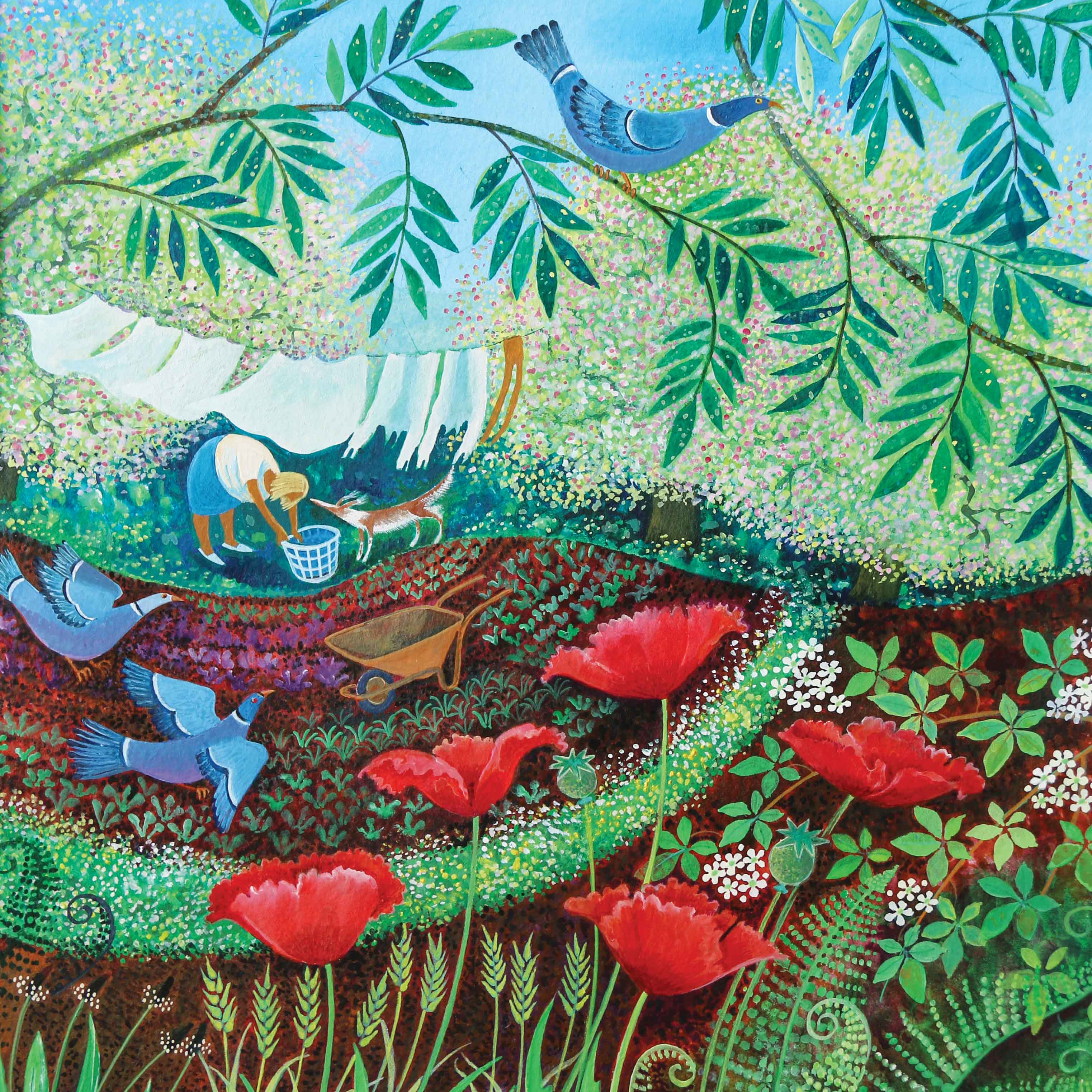 Art greeting card by Lisa Graa Jensen, wood pigeons and poppies in the garden