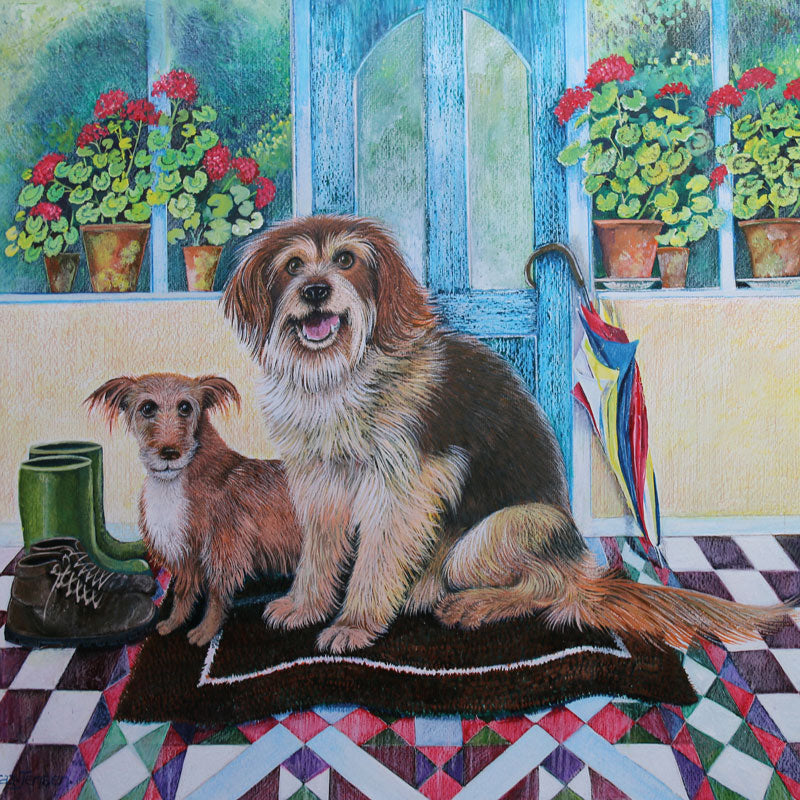 Two scruffy dogs sitting on a door mat waiting to go for a walk.