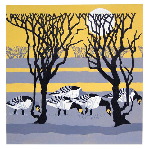 Art greeting card by Lisa Hooper, linocut, geese in the field under the trees