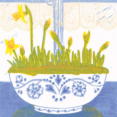 Potted Spring Joy by Heather Ramskill, Art Greeting Card, Linocut, Potted daffodils
