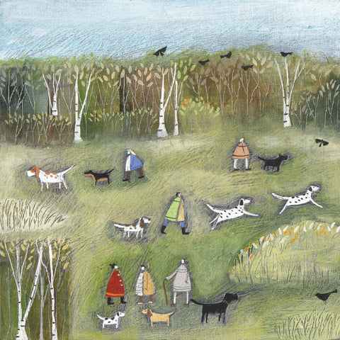 A Mid Morning Meetup by Louise Rawlings, Art Greeting Card, Gouache and Acrylic, Dogs and owners in the park