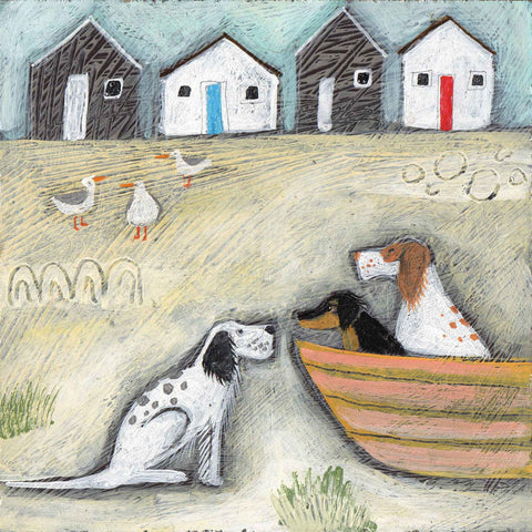 Two in a Boat by Louise Rawlings, Art Greeting Card, Gouache and Acrylic, Dogs in boat, seagulls and cottages