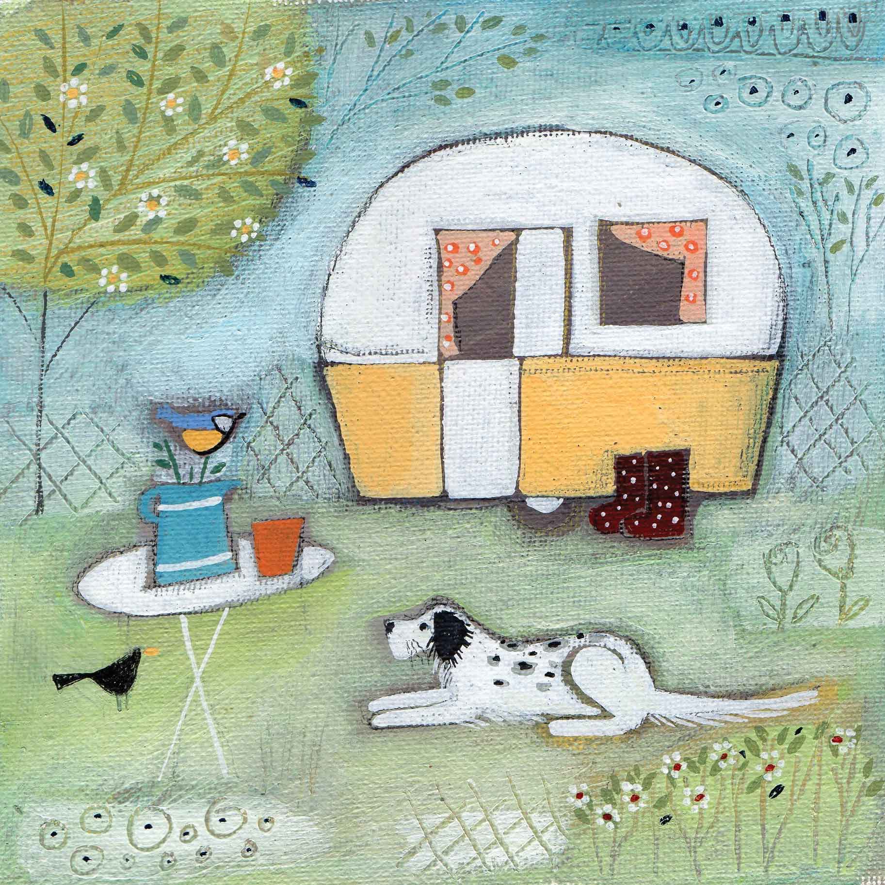 Alfie and the Van by Louise Rawlings, Art Greeting Card, Gouache and Acrylic, Dog, birds and caravan