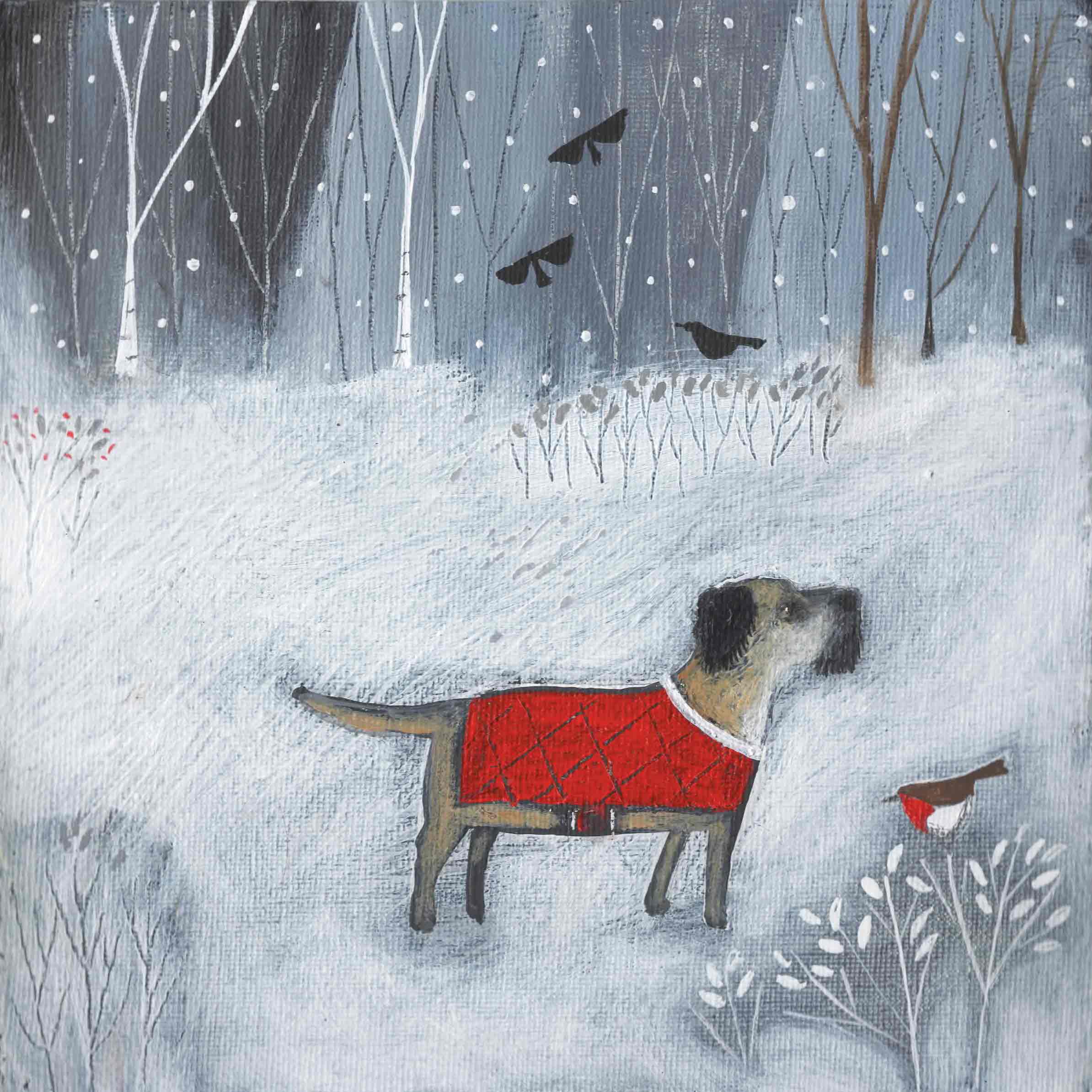 Christmas card pack by Louise Rawlings, Dog in red coat with robin in the snow