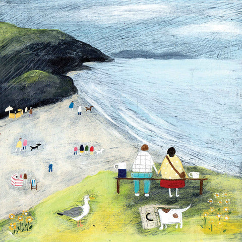 Art greeting card by Louise Rawlings, Perfect Day, Acrylic & gouache, beach scene with people and dogs, couple holding hands
