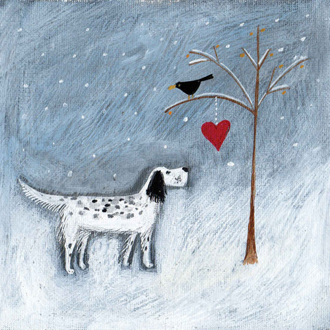 Christmas card pack by Louise Rawlings, 'Hello, Mr Blackbird', acrylic and gouache, dog and blackbird in the snow