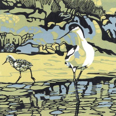 Stay Close by Max Angus, Art Greeting Card, Linocut, Avocet with chick