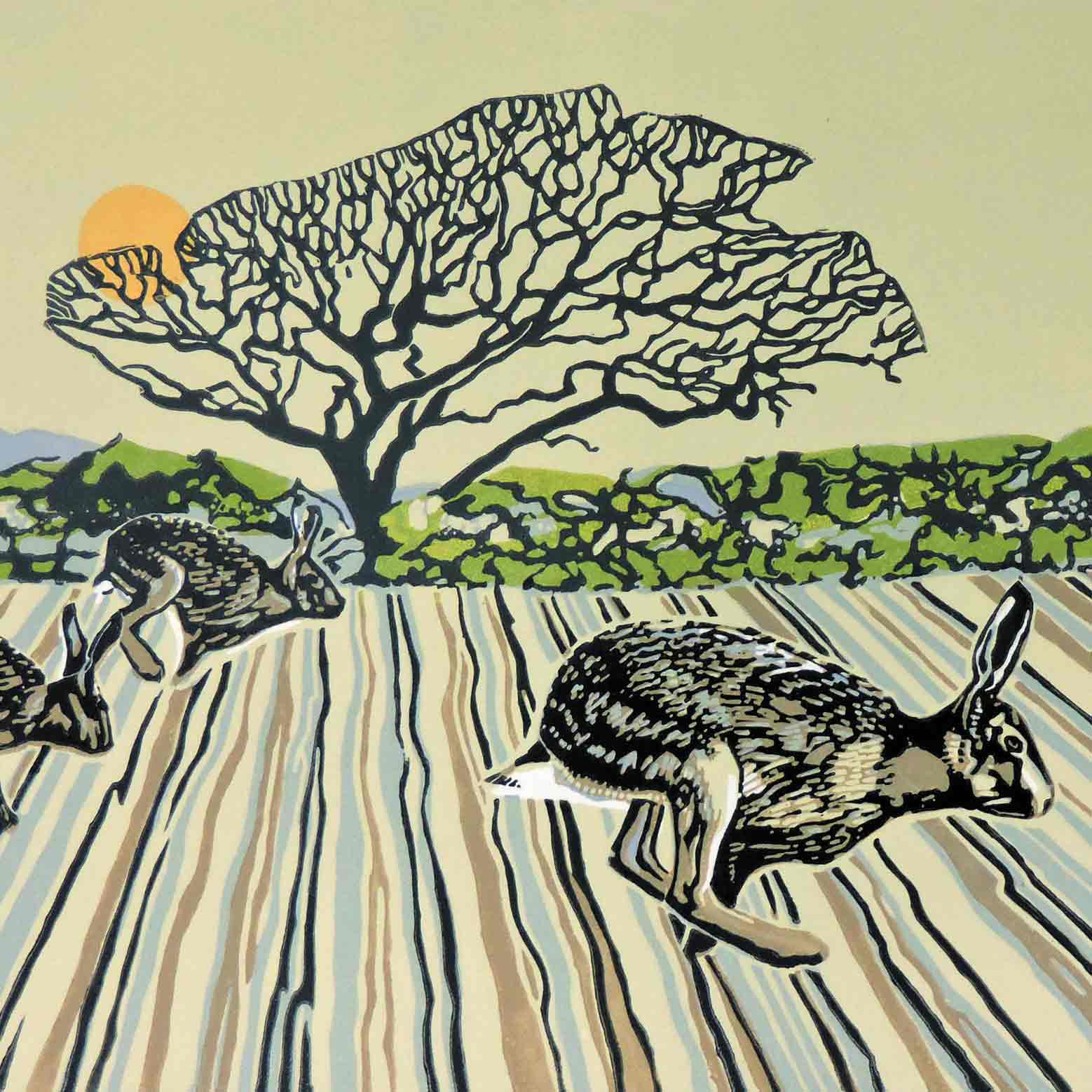 Art Greeting Card by Max Angus, Alexander and the Racing Hares, Linocut, Hares running over field