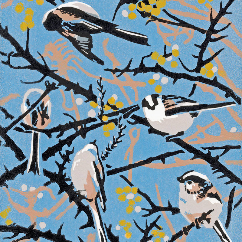 Linocut with six small birds in branches with yellow berries and blue background.