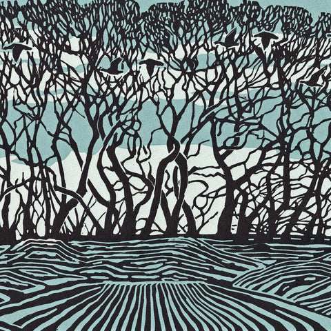 Black and blue linocut with birds flying through trees and stripy field in the foreground.